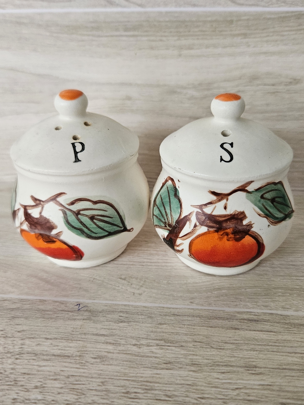 Vtg Mid-Century Hand-Painted Persimmon Fruit Salt  Pepper Shakers Our Own Import